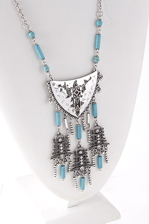 Turquoise Stone Bead Plate Charm Dangle Necklace 5EBF5